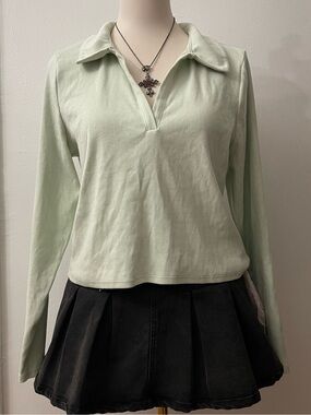 Abercrombie & Fitch Pale Mint V-Neck Long Sleeve Polo Top